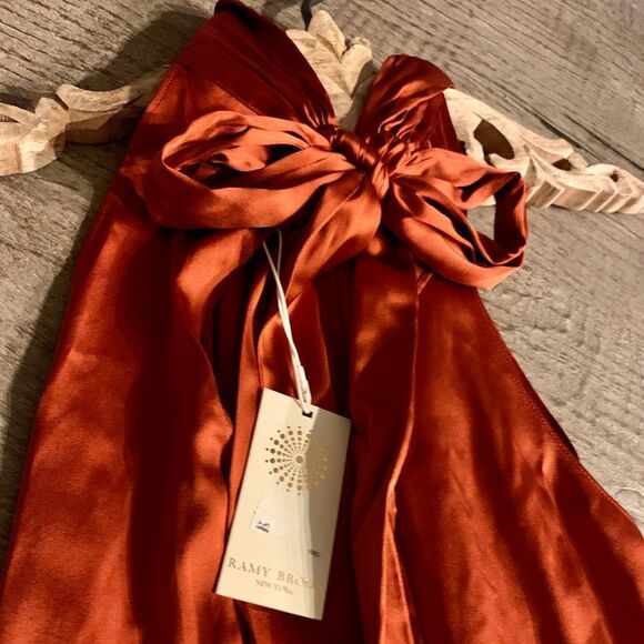 Ramy Brook Lori Halter Tie Back Silk Top in Clay (Red). - Picture 11 of 12